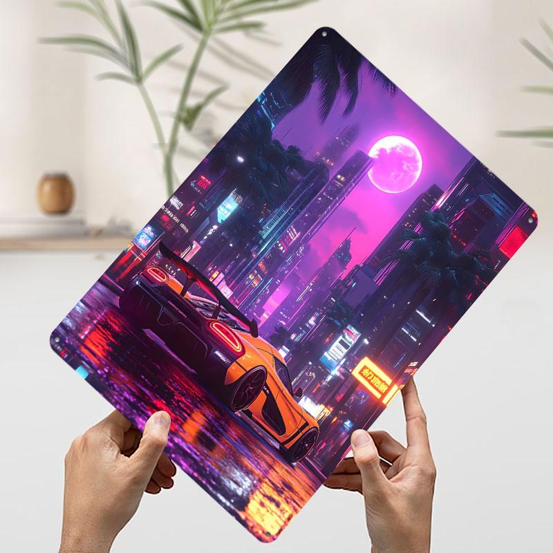 Luxury Sport Car Neon City Nightscape Tinplate Poster Customized Wall Art Vintage Metal Signs Retro Tin Plaque for House Home