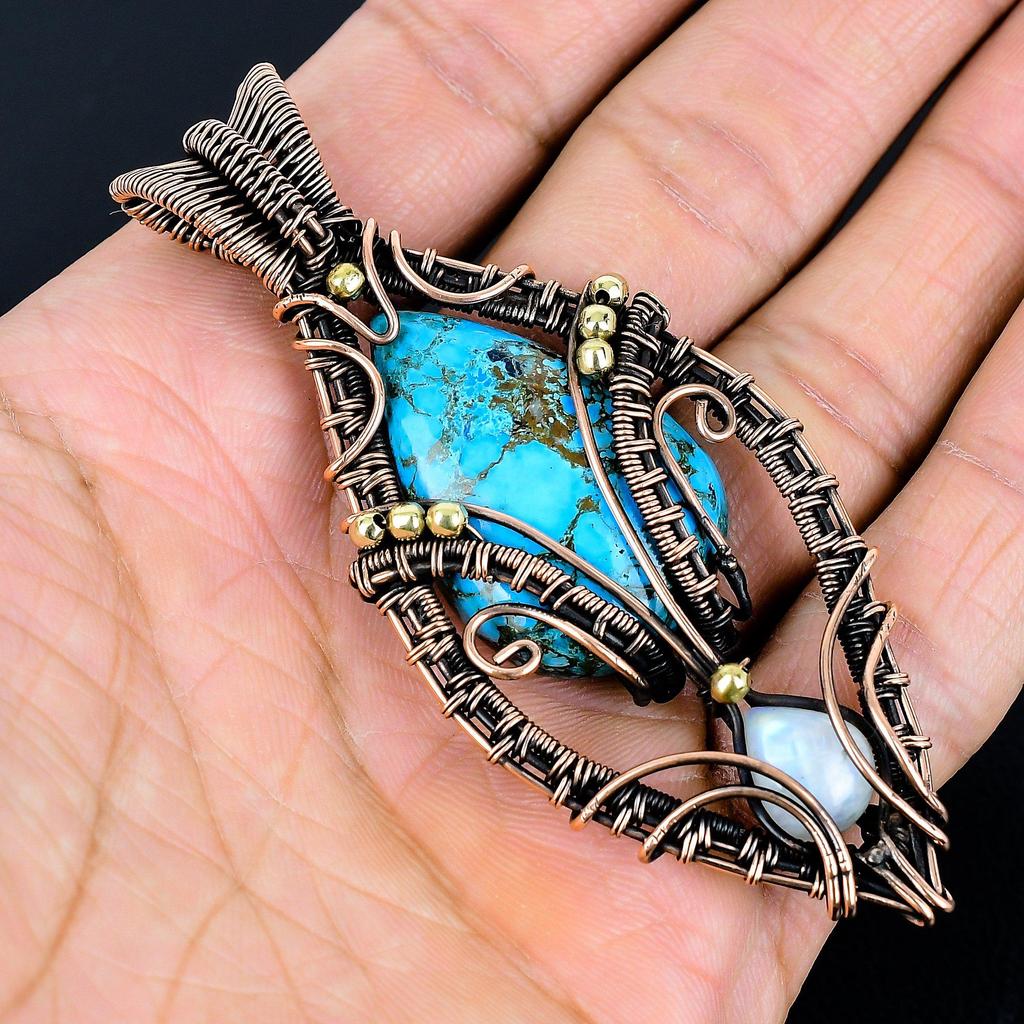 Turquoise & Moonstone Pendant, Gemstone  999 Copper Wire Wrapped Jewelry Pendant, Handmade Jewelry Birthstone Pendant, Gift For Him