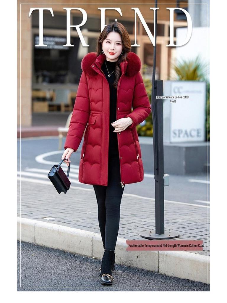 Women's Mid-Length Winter Fur Collar Hooded Cotton Jacket - Fashionable Slimming Warmth
