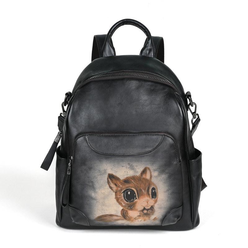 Cute Squirrel Pattern Genuine Leather Backpack Vintage Design Chinese Style Backpacks Knapsack