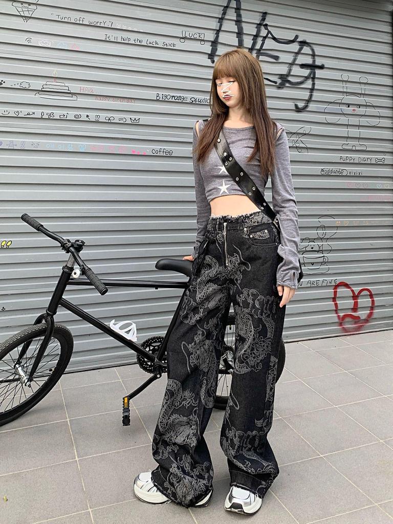 Damen Jeans mit hohem Bund, Designer Drachenprint, lockere Passform, vielseitiger Graffiti-Stil für den Sommer.