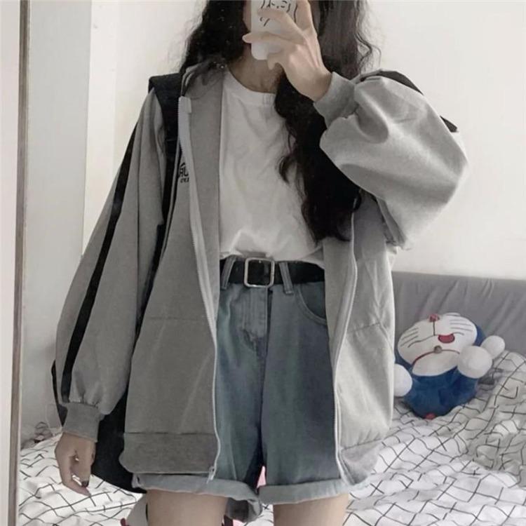 Oversized Women Hoodie Zip Up Hooded Sweatshirt Long Sleeve Pocket Jacket Top Solid Color