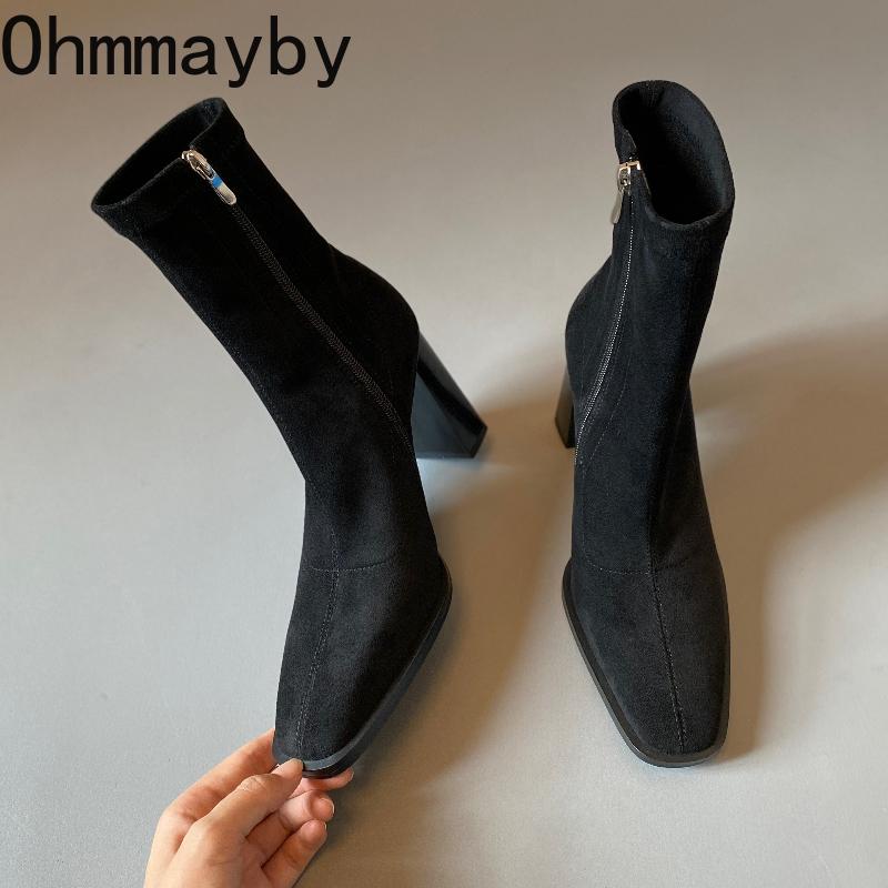 Winter Street Style Eckige Zehen Damen Stiefeletten Prägnante Dicke Absätze Schuhe Weiblich Vintage Kurze Stiefeletten De Muje