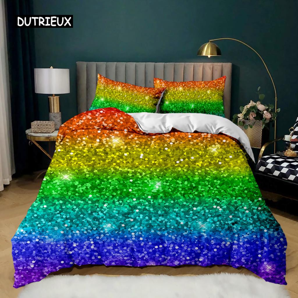 Rainbow Duvet Cover Set Girly Spiral Multicolor Bright Sequins Bedding Set for Kids Girls King Size Soft Microfiber Quilt Cover