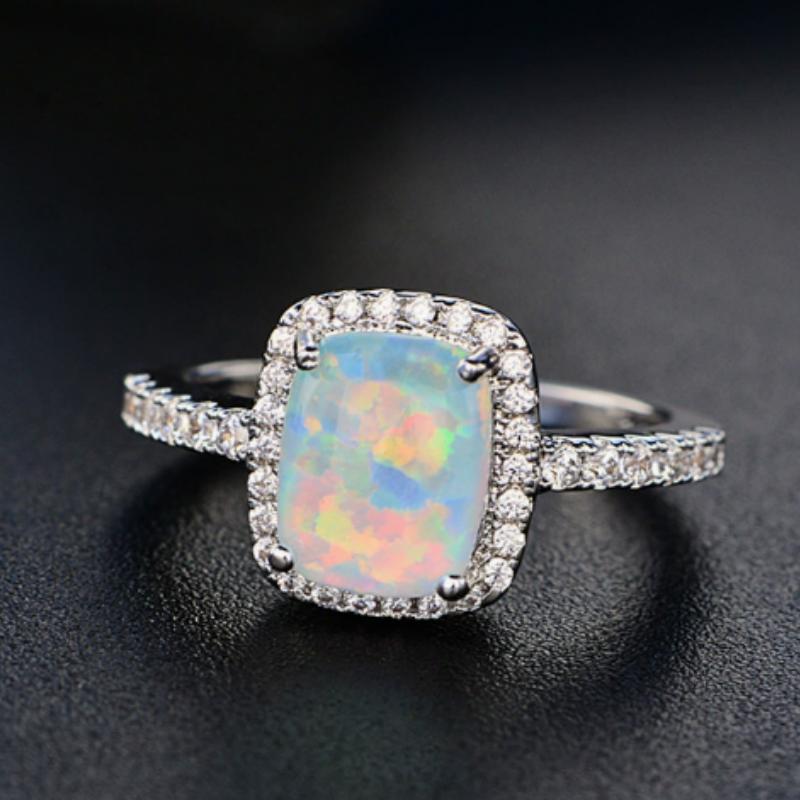 Cushion Cut Square Rainbow White Fire Opal Rings For Women Gold Horse Eye Zircon Charm Leaf Wedding Bands Party Jewelry CZ
