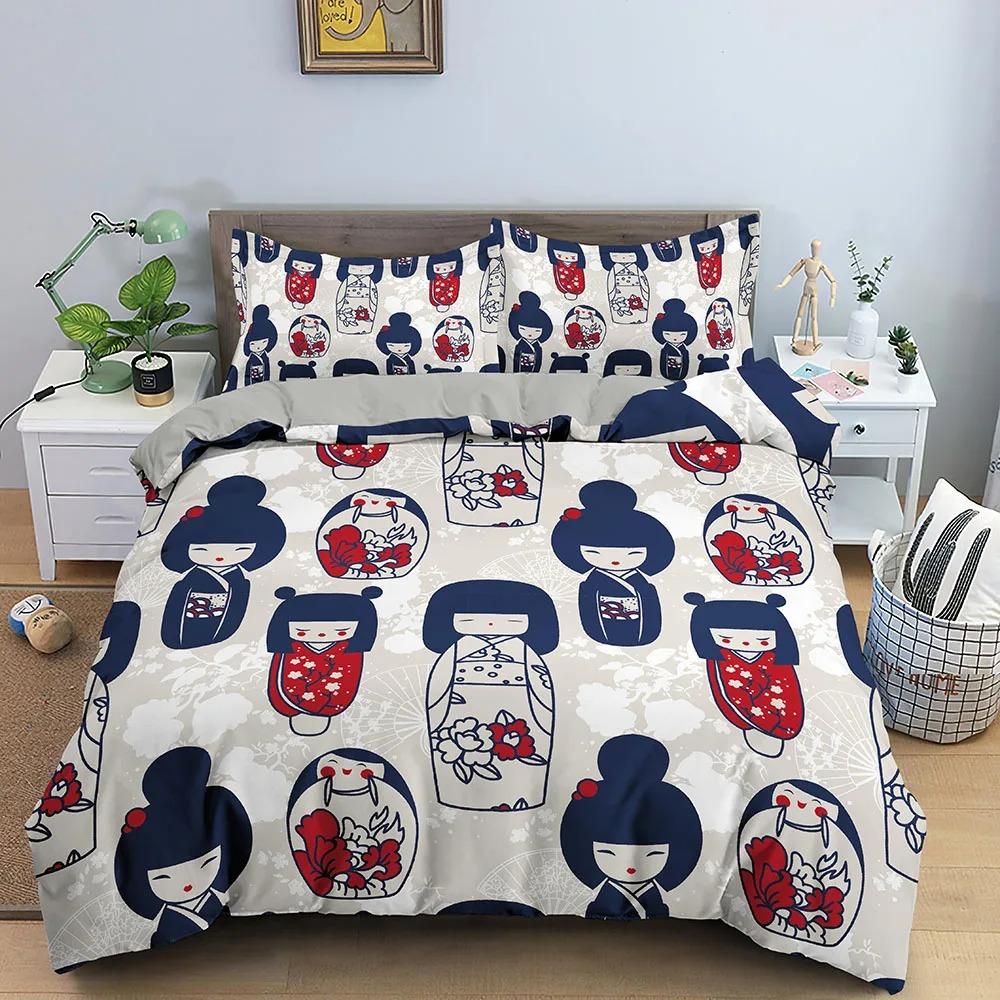 Japanese Doll Duvet Cover King Queen Lucky Cat Fan Bedding Set for Kids Girls Asian Japan Cultural 23PCS Polyester Quilt Cover