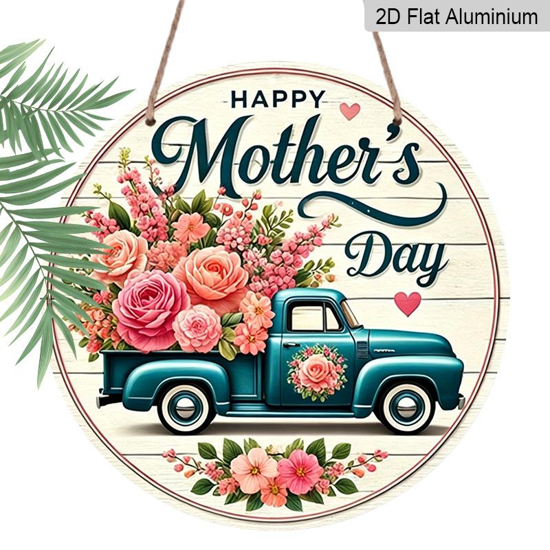 

2D Flat, 1pc Vintage Turquoise Floral Truck Wall Decor - Rustic Metal Sign with Pink/Peony Flowers, Lightweight Aluminum Round Decoration for Home 7.87x7.87inch
