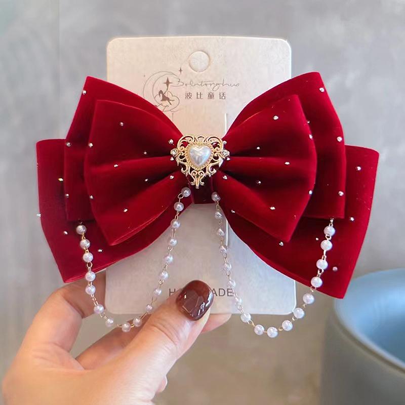 Pearl Bow Girl Headwear Mesh Velvet Hair Clip Party Girl Dance Hair Accessory Hair Clip Red Cute Little Girl Hair Accessories