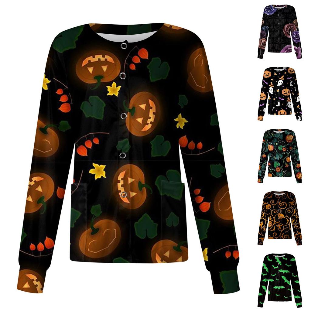 Ženy Vzor s dlouhým rukávem Kapsa Pracovní Halloween Potisk Stojací límec Jednořadý ochranný overal Cardigan Bunda Top