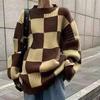 Checkerboard Sweater Vintage Style, Color-blocking, Loose Crew Neck Pullover Sweater for Women, Autumn and Winter High-end Fashion