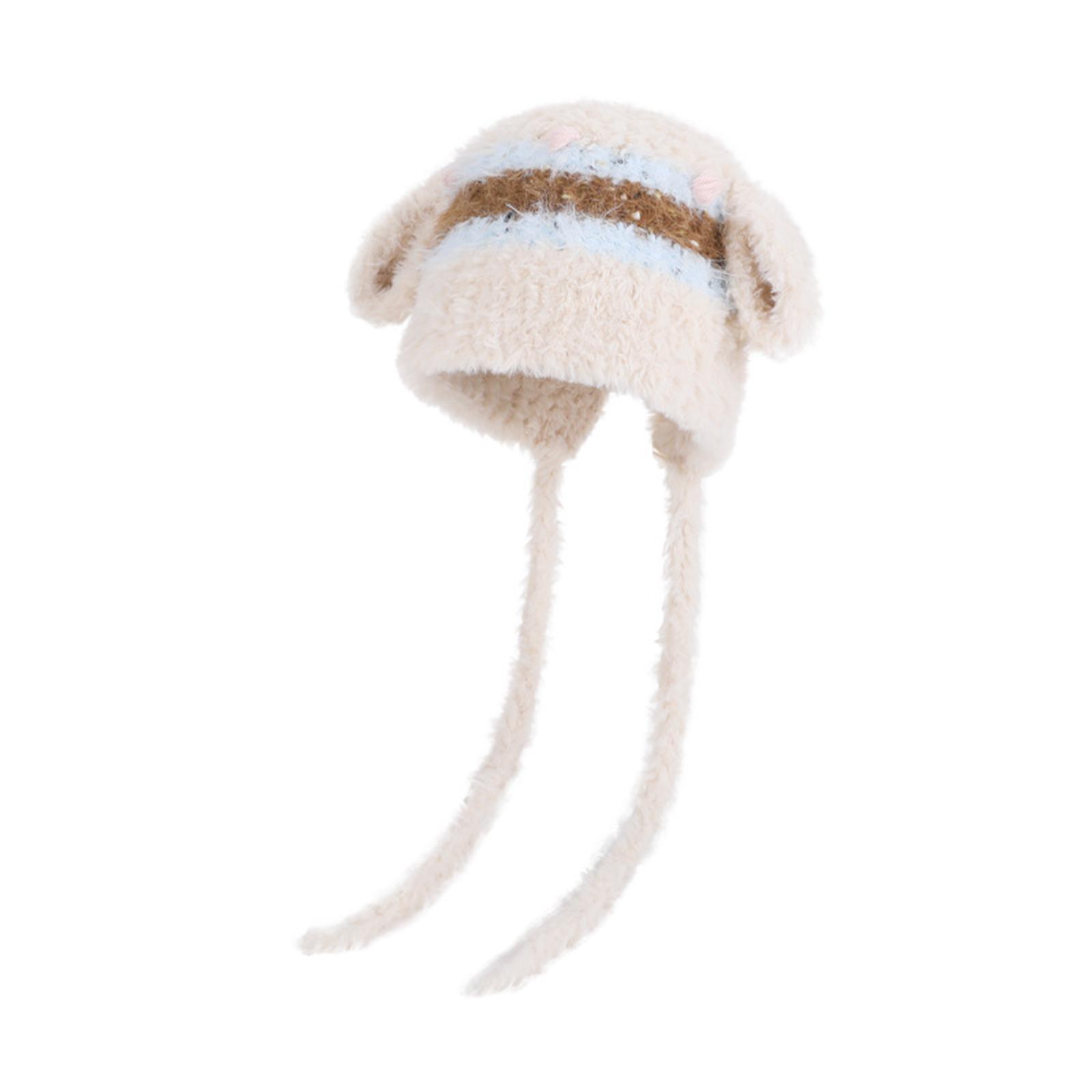 Ladies  Cute Plush Striped Knitted Hat Outdoor Warm Hoodie Lei Feng Hat One Size бежевый