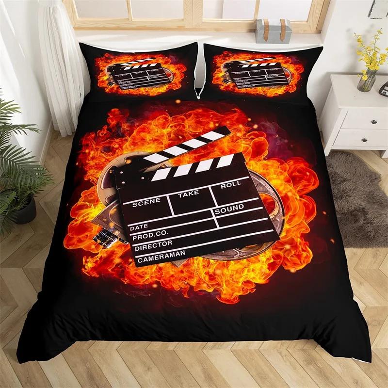 Movie Time Duvet Cover Set Cartoon Popcorn Bedding Set Microfiber Film Pattern Comforter Cover Home Theater Decor Queen Bed Set