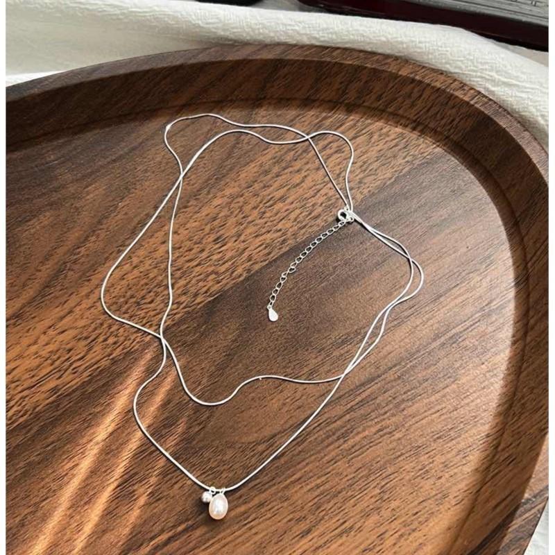 ANENJERY Sliver Color Double Layer Chain Imitation Pearl Water Drop Pendant Neckalce for Women Simple Jewelry Birthday Gifts