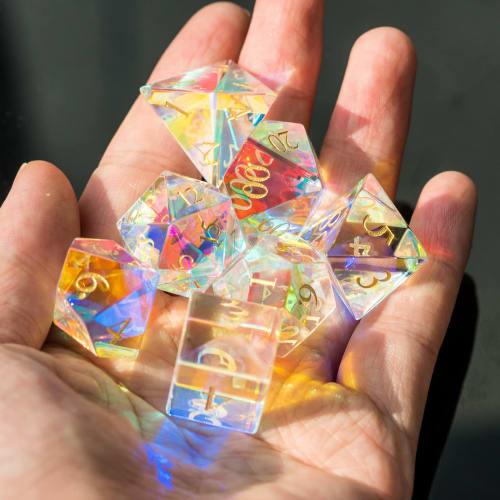UDIXI Natural Gemstone Dice Set, 7 Gemstone DND Dice for Dungeons and Dragons, Handmade Glass Dice for MTG Tabletop Games (Prism Glass)