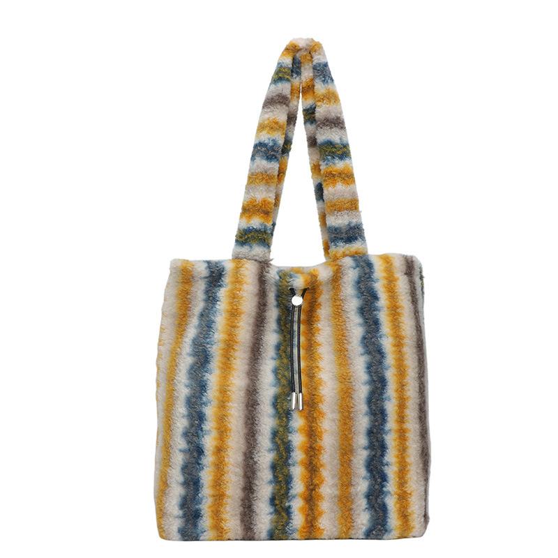 Autumn and Winter Vertical Striped Lamb Wool Wind Hair Bag Large Capacity Commuter Shoulder Tote Women's Bag