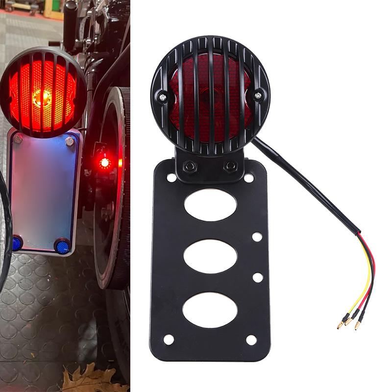 Universal Motorcycle LED Tail Brake Light Side Mount License Plate Bracket Vintage Round Grille Rear Stop Lamp for Harley Sportster Bobber