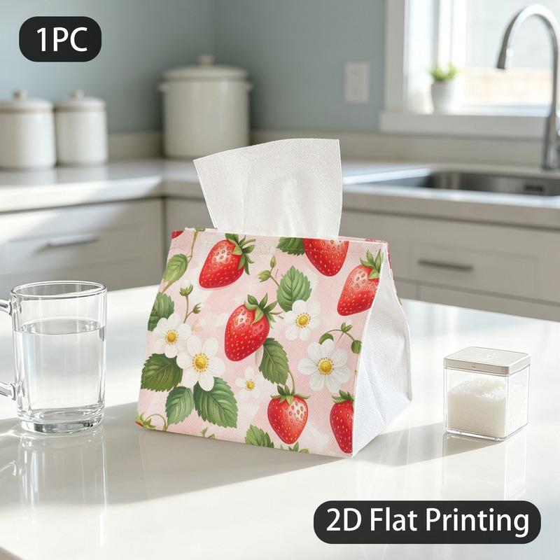 1pc Tissue Box, Watercolor Style Strawberries Flowers Sweet Pattern, 2D Flat Printing, Made From Tough Polyester, Can Be Washed, Tissue Holder, for Fo