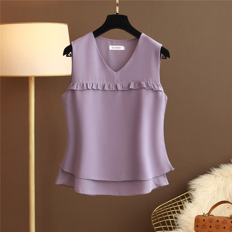 Summer New V-neck Sleeveless Camisole Tank Top Sling Women Solid Patchwork Ruffles Loose Simple Fashion Korean Casual Thin Vest