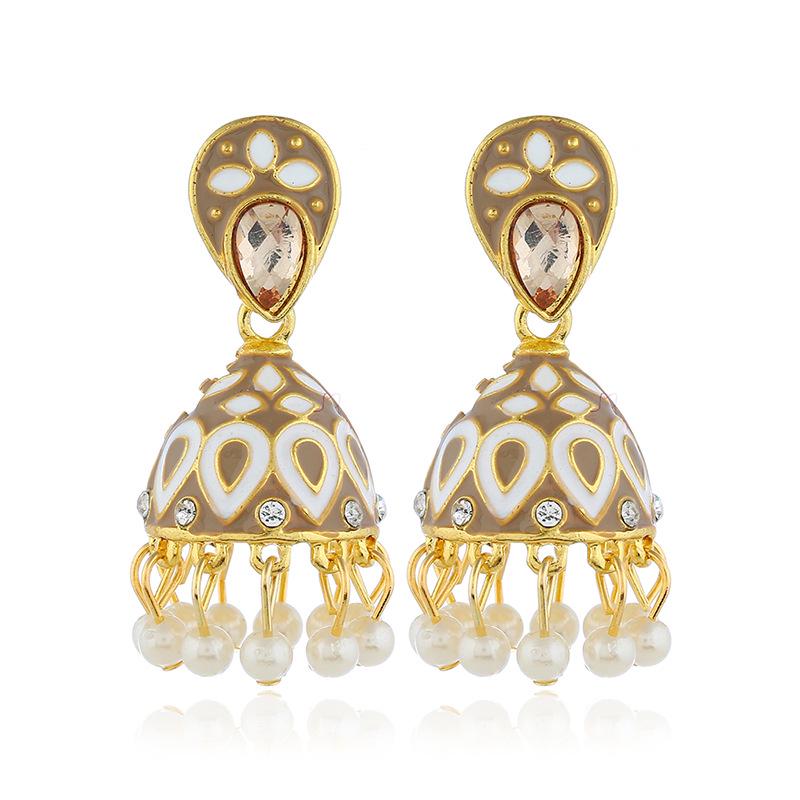 Indian Retro Drip Oil Wind Chime Pearl Pendant Earrings