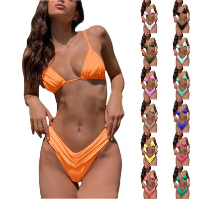 Women's Color Sexy Pleated Strappy Two-Piece Bikini Set
