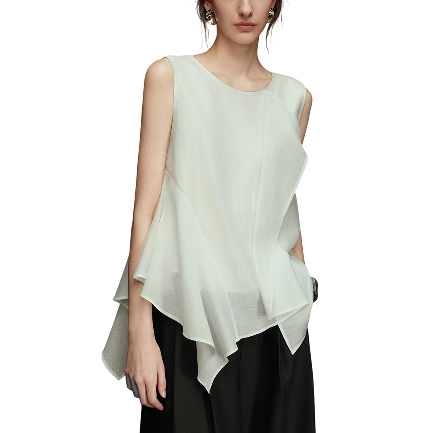 [ELLE] Elle Women s Top Blouse, Frilled, Stylish, Casual, Cute, Adult, Asymmetrical Hem EM51805 (JP, Alphabet, M)
