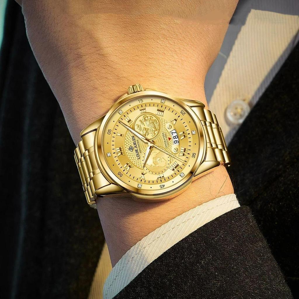 Luxury Gold Engraved Watch for Men Stainless Steel Waterproof Business Quartz Wristwatch with Date, Ideal Gift for Father's Day & Anniversaries