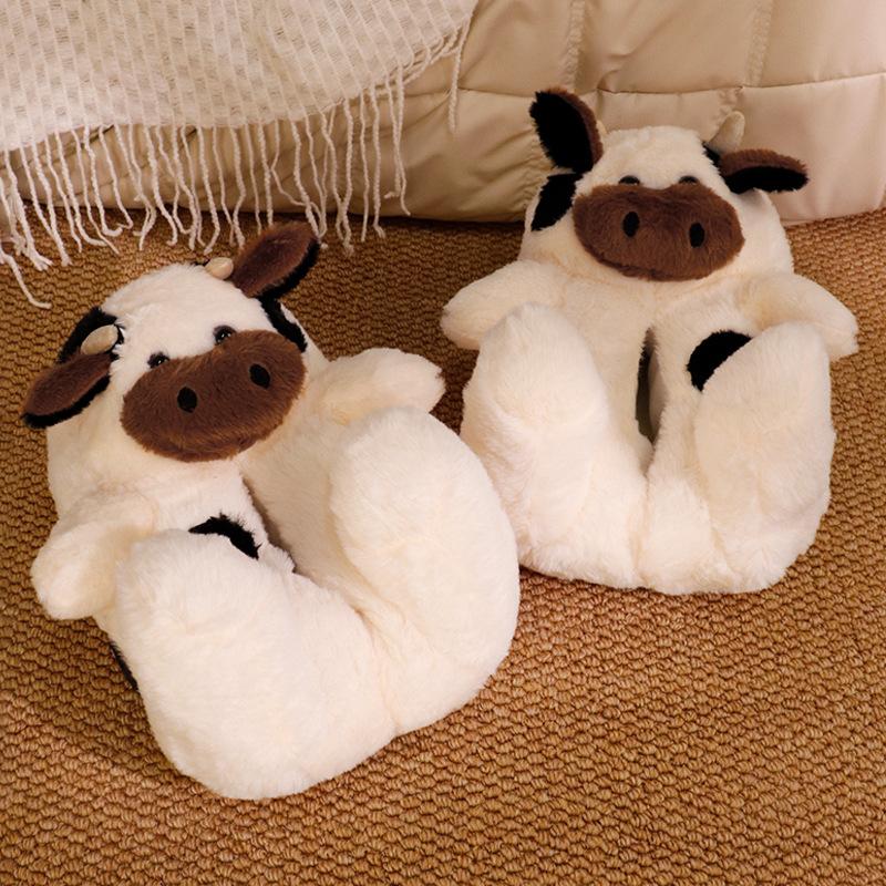 All-inclusive and cartoon cow cotton slippers men's and women's winter indoor warm plush home shoes
