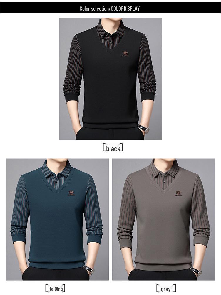 Herren Winter Wolle Seide Revers Zwei-in-Eins Pullover mit Fleecefutter