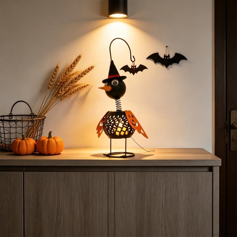 Iron Crow Halloween Decors Metal Lantern Tealight Candle Holder Figurine Witch Hat Pumpkin Wing Bat Accent