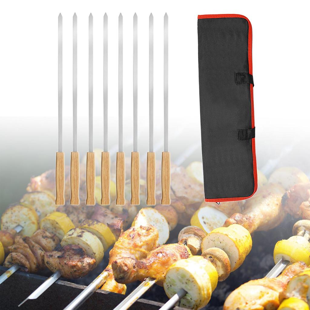8Pcs Barbecue Skewers with Wooden Handle Stainless Steel Flat Long Shish Kebab Skewers for Chicken BBQ Meats Vegetables Seafood
