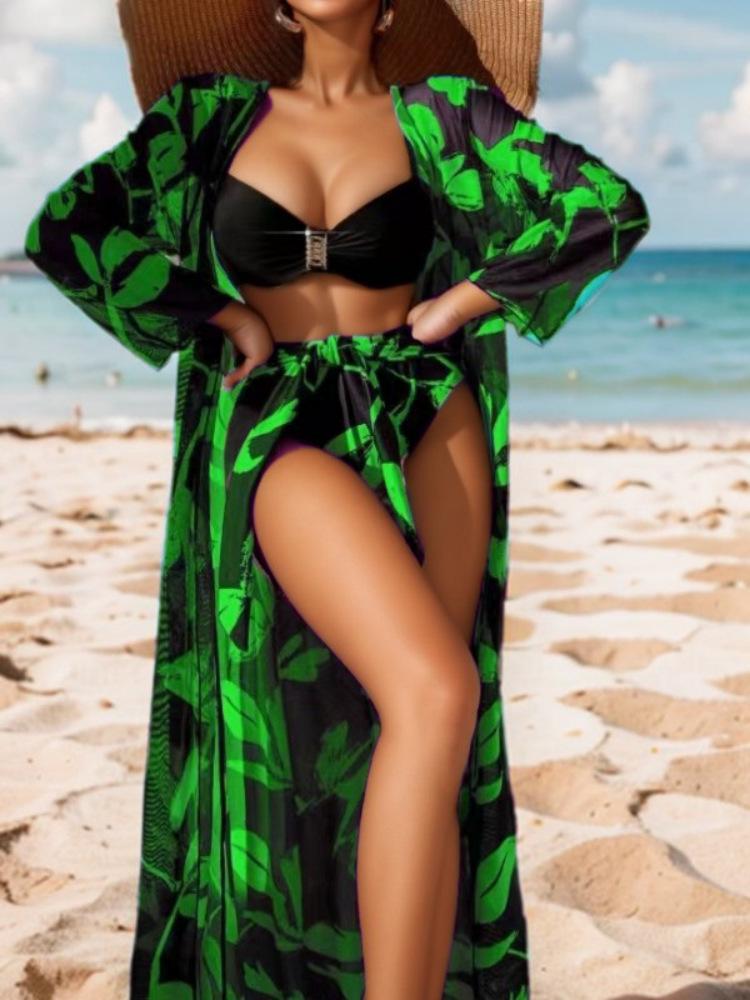 

Жіночий роздільний купальник з трьох частин з високою посадкою в європейсько-американському стилі з довгою сорочкою Extra Large неон зелений колір