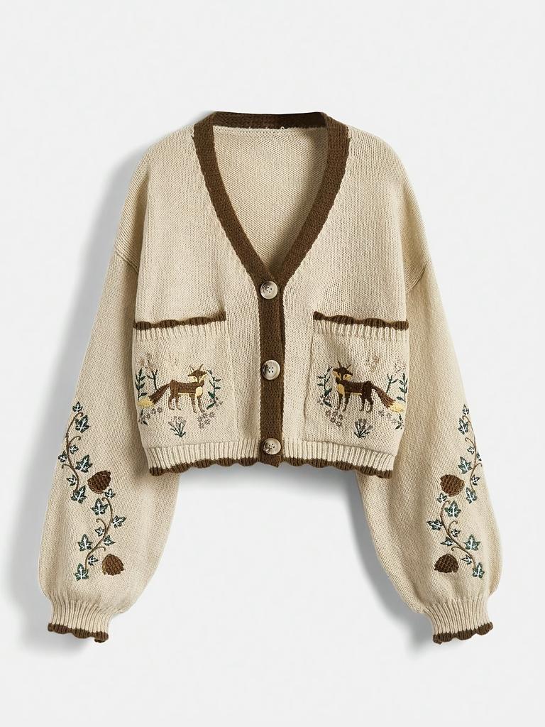 Women's Dark Green Knit Cardigan with Fox Embroidery and Puff Sleeves