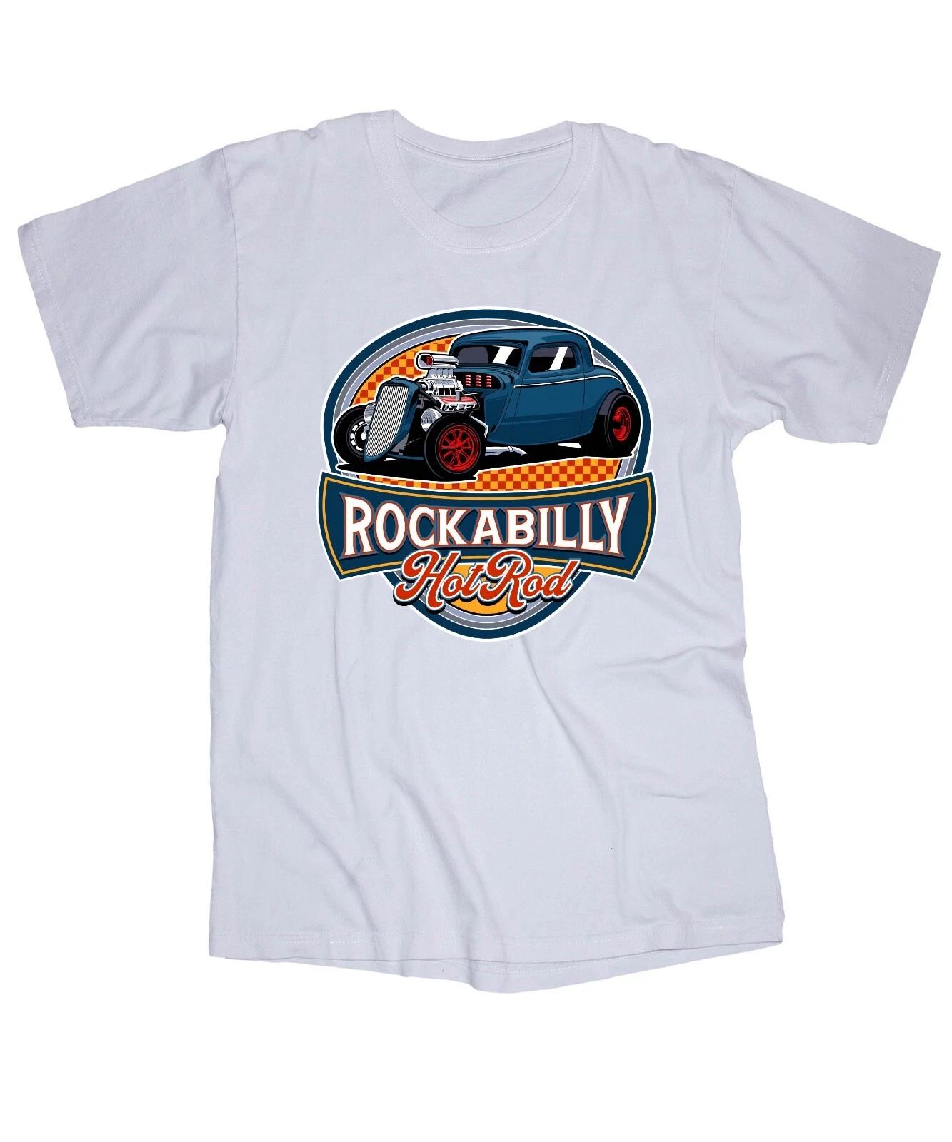 ROCKABILLY Hot Rod White T-shi Racing Speed Vintage Classic Cars Checkers L