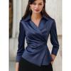 Women Autumn Solid Satin V‑Neck Blouse Elegant Long Sleeve Wrap Shirt Slim Waist Asymmetric Hem Office Ladies Top