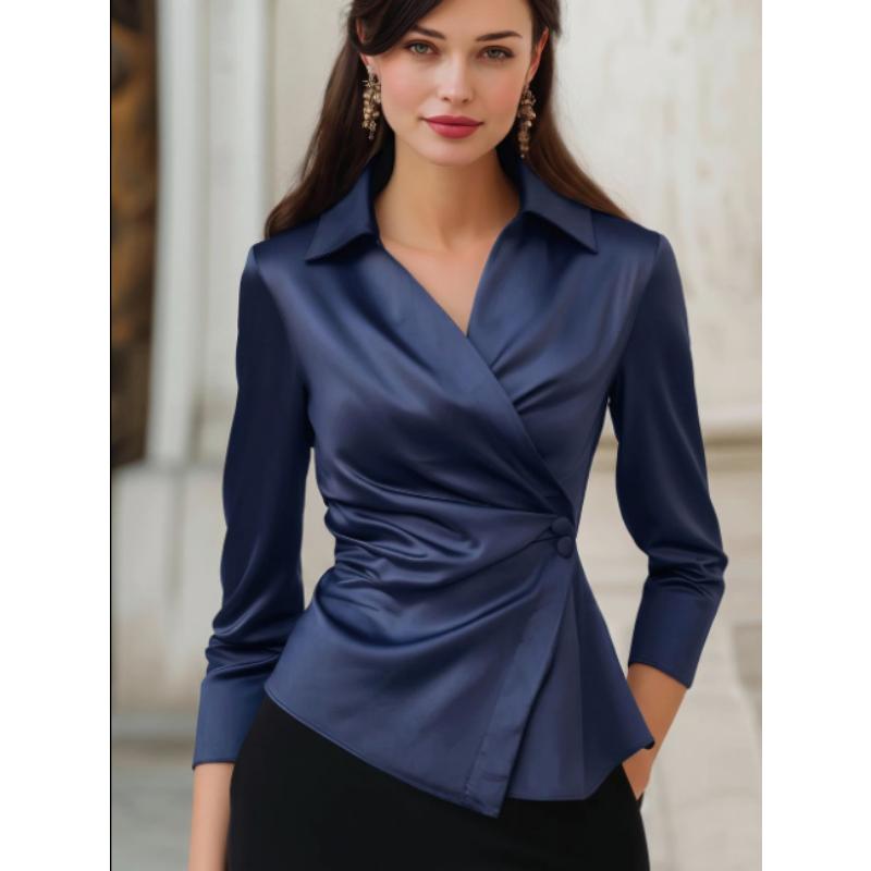 Women Autumn Solid Satin V‑Neck Blouse Elegant Long Sleeve Wrap Shirt Slim Waist Asymmetric Hem Office Ladies Top