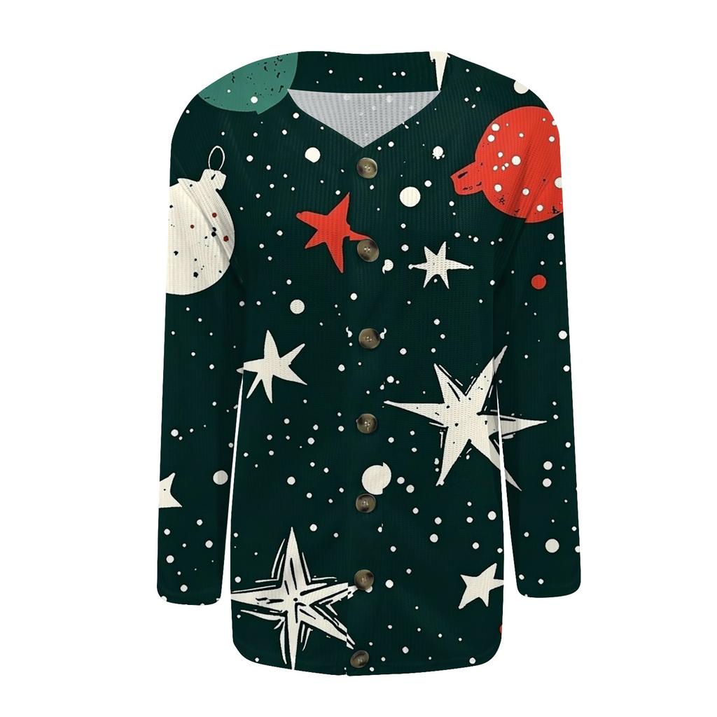 Women's Fashion Print Long Sleeve Knitted Cardigan Button Up Jacket