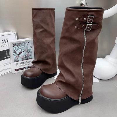 Damesschoenen Hot Sale Instappers Dameslaarzen Mode Riemgesp Moderne Laarzen Dames Winter Ronde Neus Platform Kuitlaarzen