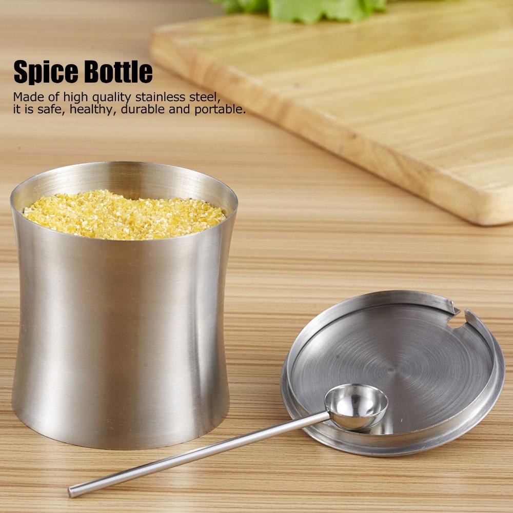 Stainless Steel Sugar Bowl with Lid and Spoon Salt Pot Condiment Can Condiment Pot Restaurant