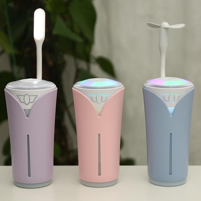 Multifunction Air Humidifier USB Ultrasonic Aroma Diffuser with LED Lamp Mini Fan 3 In 1 Electric Mist Maker for Car Humidifiers