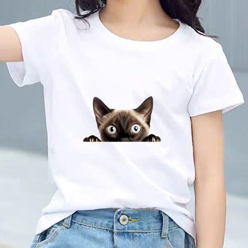 Kids Cotton T Shirt Peeking Cute Cat Pattern Print Crew Neck Short Sleeve Tee Casual Breathable Boys Girls Summer Tops