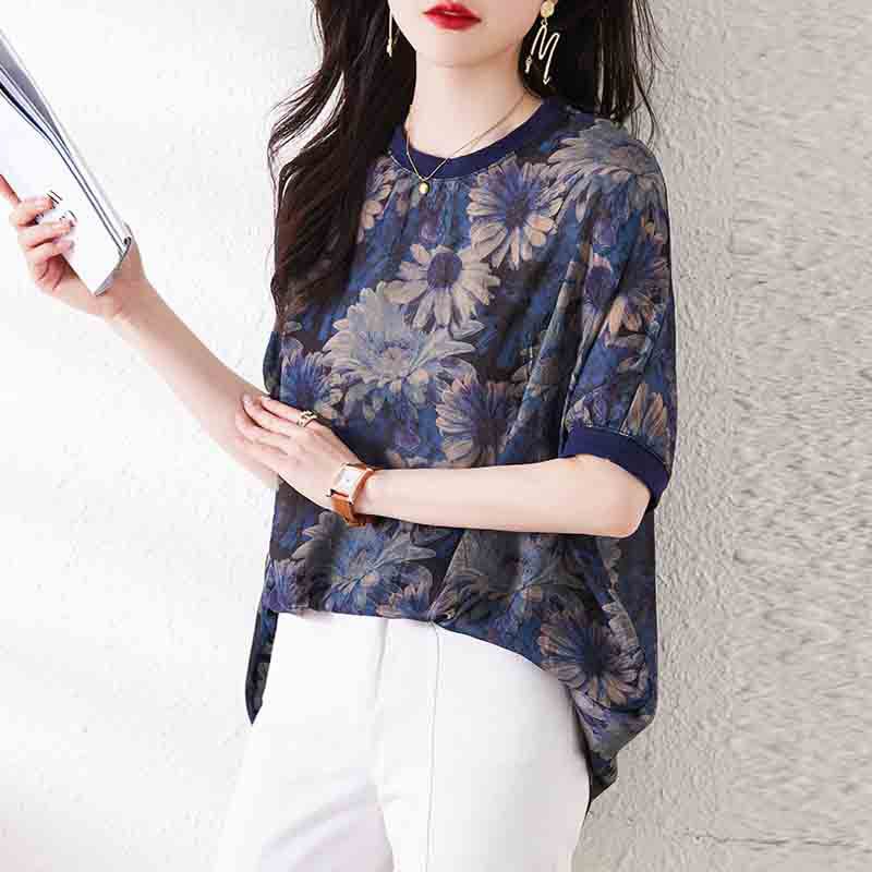 Western Style Summer Outfit Short Sleeved T-shirt Women's Plus Size Medium Long Loose Chiffon Top