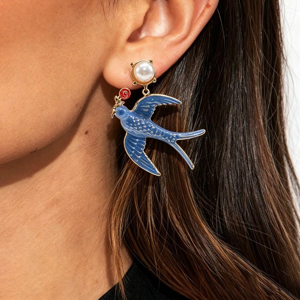 Bird Blue Enamel Swallow Necklace Beads Geometric Earrings Fashion Women's Jewelry Set Bride