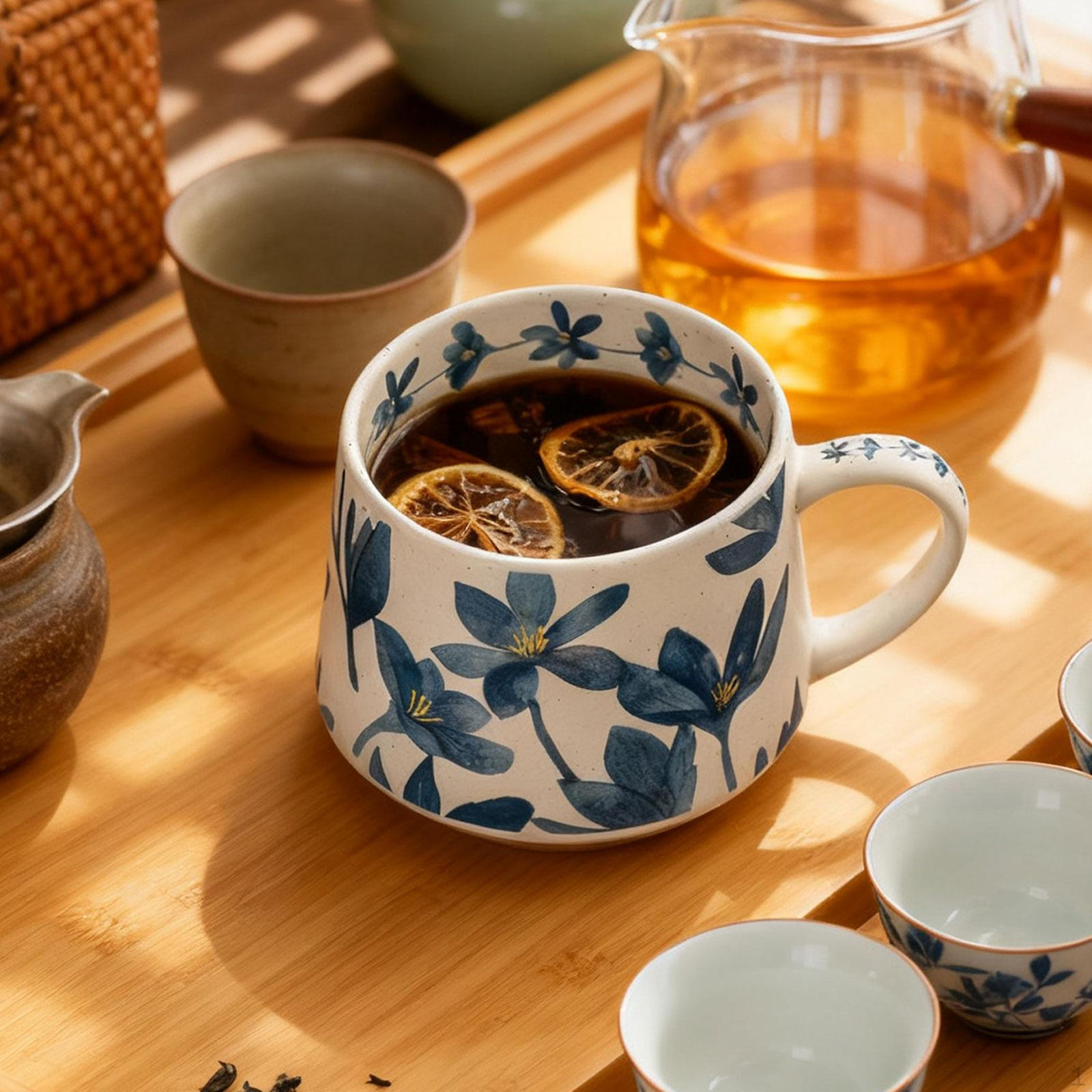 

Floral Mug Blue Flower Porcelain Christmas Gift Retro Styles for Coffee Tea Cup Adults single