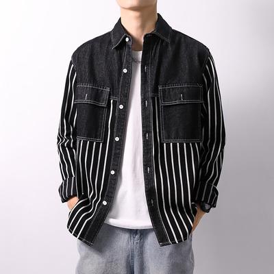 Spring Autumn Men's Fashion Shirts Cotton Long Sleeve Casual Shirt Men Patchwork Striped Streetwear Tops Turn Down Collar Blouse