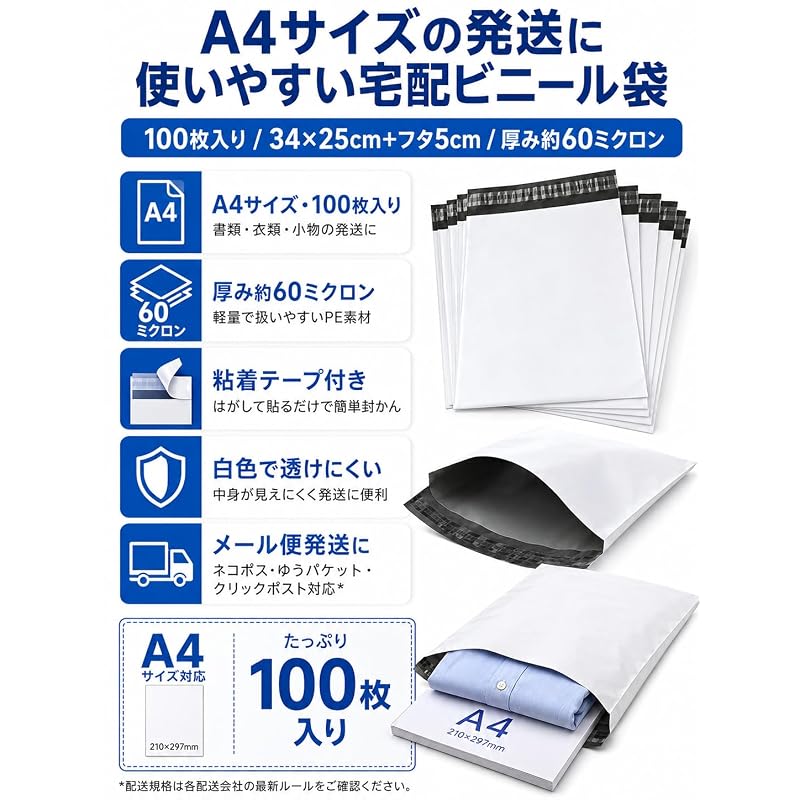 uni+ Shipping Plastic Bags, A4 Size, 50 Bags, 34 x 25cm + 5cm Flap, Packaging Bags, Shipping Bags, White, Strong Tape, 60 Micron, Lightweight,