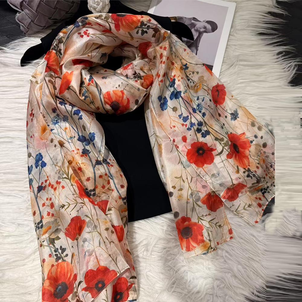 BYSIFA| New Red Silk Scarf Shawl Fall Winter Floral Design Women Long Scarves Hijabs Brand Summer Ladies Beach Silk Wrap Foulard