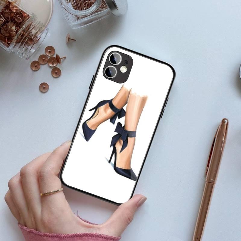 Fashion Girls High Heels Phone Case For IPhone 14 13 12 11 XS X 8 7 6 Plus Mini Pro Max SE 2022 Black PC TPU Glass Phone Cover