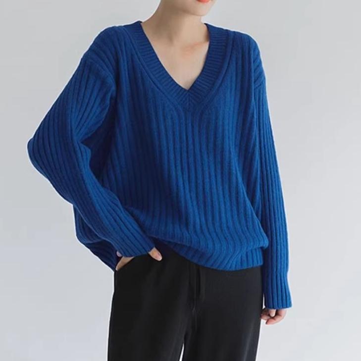 Jerséis Básicos de Punto para Mujer Otoño Invierno Cálido Suéter Cuello en V Moda Holgado Manga Larga Clásico Casual Tops de Punto