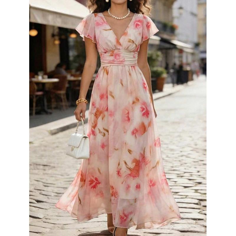European and American V-neck elegant ruffle leaf edge printing holiday style women s dress elegant romantic waist fashion dress S