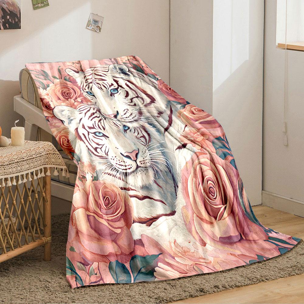 White Tigers with Roses for All Seasons Blanket Lunch Break Throw Gift